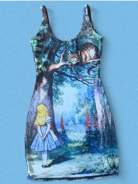 Alice in Wonderland Graphic Bodycon Dress - Blue Forest Print